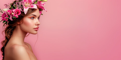 A woman with a flower headdress and a pink background