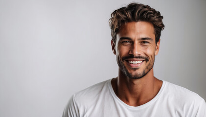 Obraz premium Studio photo of a handsome man model smiling on white background