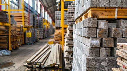 Construction Materials Warehouse, Ideal for companies in construction material production and sales. Background shows stacks of bricks, concrete blocks, and timber, Generative AI.