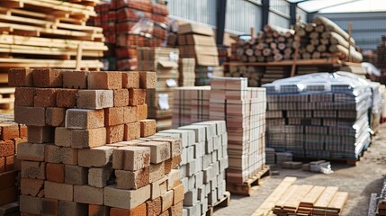 A depiction of construction materials stored in a warehouse. Ideal for companies in construction material production and sales. Shows stacks of bricks, concrete blocks, and timber, Generative AI.