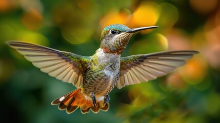 Fototapeta premium A majestic hummingbird with iridescent throat patch extends its wings against a blurred background, captured in mid-flight