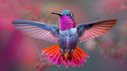 Fototapeta premium A stunning image of a hummingbird in flight, its vibrant feathers contrast beautifully against the pink blurred flowers