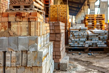 A depiction of construction materials stored in a warehouse. Ideal for companies in construction material production and sales. Shows stacks of bricks, concrete blocks, and timber, Generative AI.