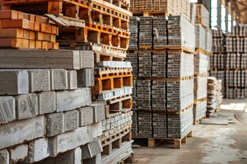 A depiction of construction materials stored in a warehouse. Ideal for companies in construction material production and sales. Shows stacks of bricks, concrete blocks, and timber, Generative AI.