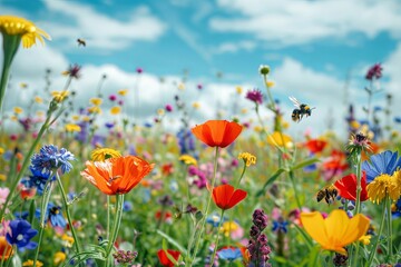 Naklejka premium Flower Fields with Bees, Suitable for companies specializing in agriculture and insect conservation. The background can depict colorful fields with busy bees. Generative AI.