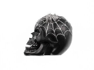 halloween black skull with cobweb isolated on white background