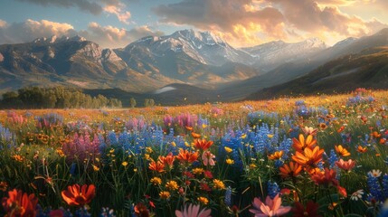 As the sun rises on a crisp autumn morning, meadow flowers bloom in a kaleidoscope of colors, transforming the landscape into a magical wonderland straight out of a vintage painting.