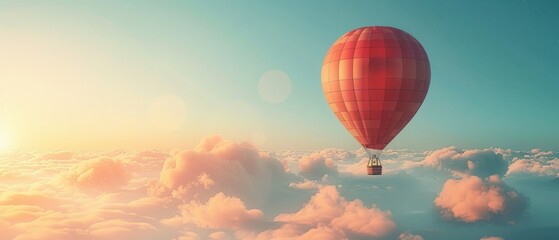 Hot air balloon floating above the clouds at sunrise