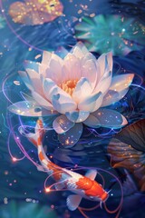 A vibrant lotus flower shines brightly amongst lily pads, reflecting a sense of purity, enlightenment, and tranquility