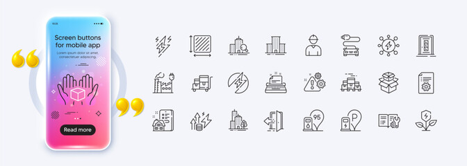 Factory, Square area and Hold box line icons for web app. Phone mockup gradient screen. Pack of Inspect, Warning, Eco power pictogram icons. Car charge, Petrol station, Typewriter signs. Vector