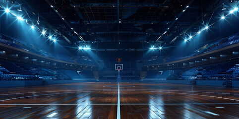 Sport arena before the game. The basketball court is empty and lit up with bright lights - Powered by Adobe
