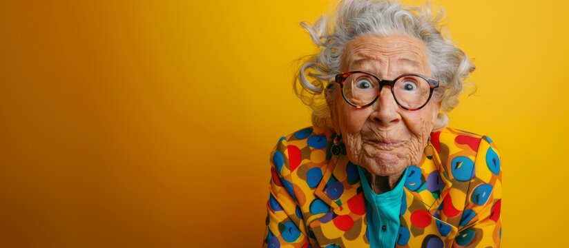 Elderly woman in a vibrant outfit with a puzzled expression