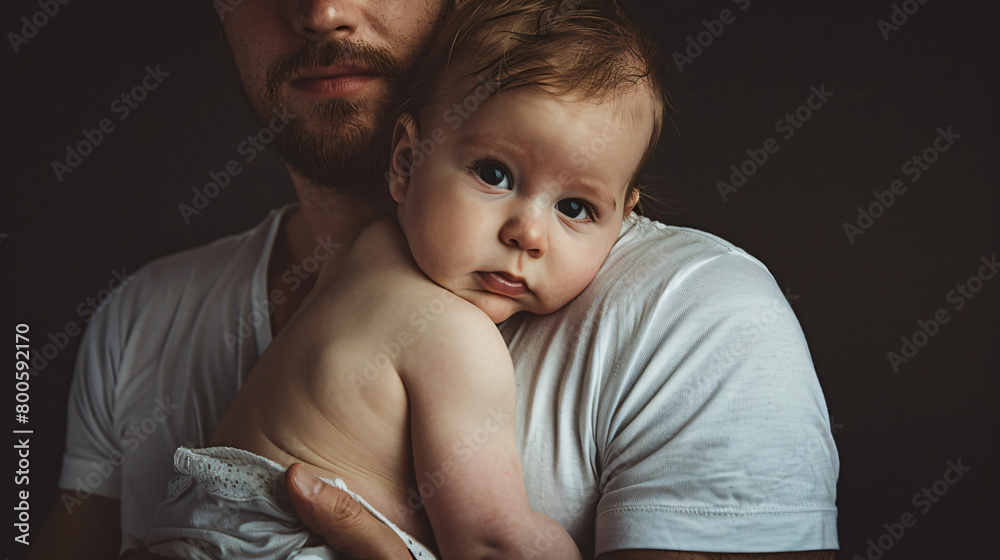 Wall mural close up of father holding up his baby child