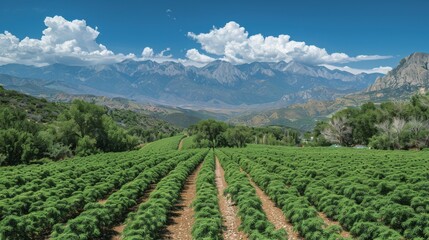 Fototapeta na wymiar Cannabis cultivation thrives in the rugged terrain of the mountains, where growers harness the unique microclimates for optimal plant growth. Wide-angle view captures the expansive fields.
