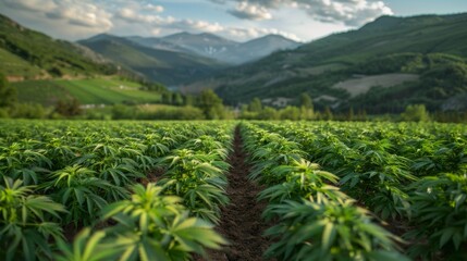 Cannabis or marijuana plantation thriving outdoors amidst mountainous terrain. Wide-angle view captures the scenic beauty of the cultivation site. 