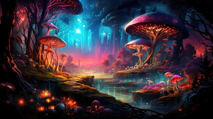Fototapeta premium A photo psychedelic journey through a mystical forest, filled with vibrant colors, glowing mushrooms, and ethereal creatures