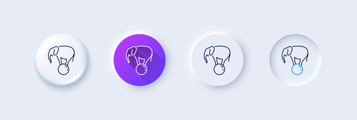 Elephant on ball line icon. Neumorphic, Purple gradient, 3d pin buttons. Circus sign. Amusement park show. Line icons. Neumorphic buttons with outline signs. Vector