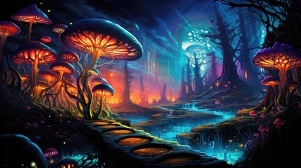 An image psychedelic journey through a mystical forest, filled with vibrant colors, glowing mushrooms, and ethereal creatures
