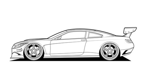 Dynamic black and white vector illustration of a sports car, embodying speed, power, and adrenaline. Perfect for automotive themes and racing enthusiasts. Capture the essence of speed in your design.