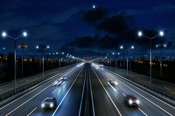 A visionary concept of a highway lit by street lamps powered by kinetic energy from the vehicles 