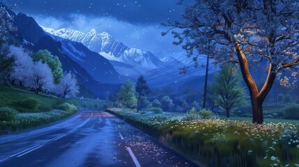 A serene night setting showcases snow-capped mountains, a star-filled sky, and spring blossoms along a quiet road