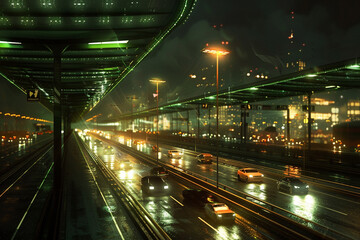 A visionary concept of a highway lit by street lamps powered by kinetic energy from the vehicles 