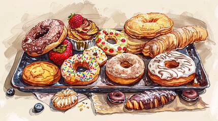 A decorated tray with assorted pastries, donuts, and cookies, ideal for cafes, restaurants, and bakeries. Generative AI.