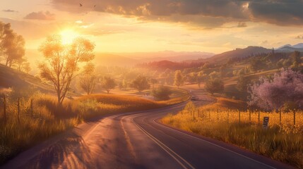 A warm, golden sunset casts light on a winding country road with lush trees and blossoming flowers