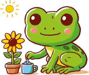 Obraz premium child's drawing of cute cartoon frog with colored pencils