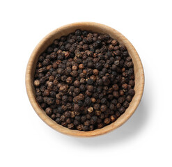 Aromatic spice. Many black peppercorns in bowl isolated on white, top view