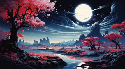 Fototapeta premium An image surreal and dreamlike landscape filled with psychedelic elements. with a fantastical world with floating islands, swirling clouds, and vibrant flora