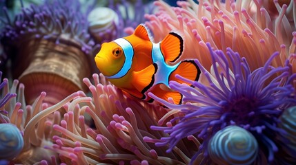 Vibrant clownfish nestled in a sea anemone's embrace.