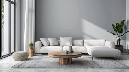 Spacious minimalist white living room with large windows and a hint of greenery for a fresh, clean look