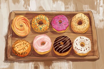 A tray of treats, perfect for cafes, restaurants, and bakeries. Background features a decorated tray adorned with pastries, donuts, and cookies. Generative AI.