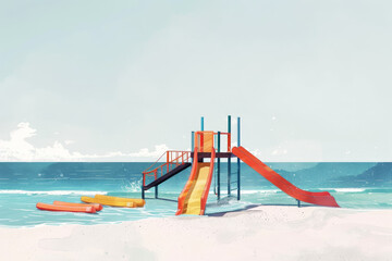 A beach scene with a red and yellow slide and a blue and orange slide