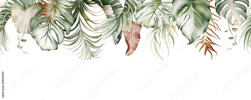 Wall mural Watercolor botanical seamless tropics border. Green exotic jungle on a white background. Floral decoration for print design. Tropical fresh forest painted background.