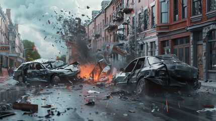 A car accident scene with a red car in the middle of the wreckage