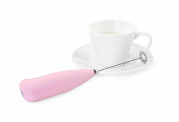 Milk frother wand and cup isolated on white - obrazy, fototapety, plakaty