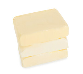 Stack of blocks of tasty butter isolated on white