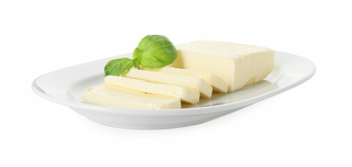 Dish with tasty cut butter isolated on white