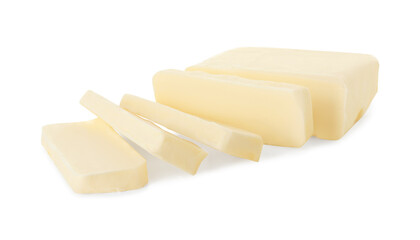 Slices of tasty butter isolated on white