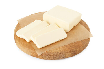 Board with tasty cut butter isolated on white