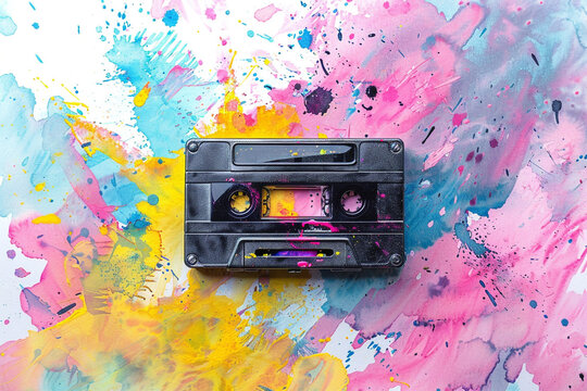 A watercolor cassette tape with 80s groovy graffiti symbolizing the vibrant music vibe of the era 