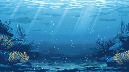 Serene underwater scene depicting life beneath the ocean surface, with rays of sunlight filtering through