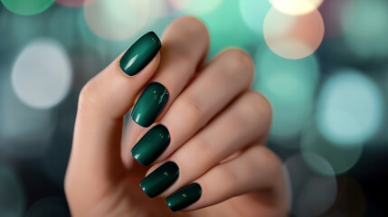 Mão de uma mulher com as unhas pintadas de verde escuro