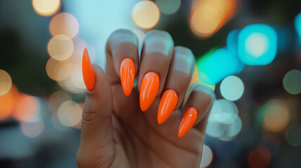 Mão de uma mulher com as unhas pintadas de laranja