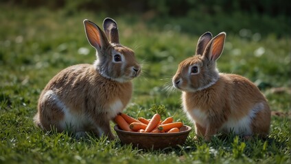 rabbits in the meadow and eats carrots