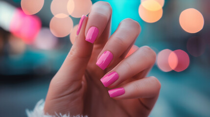 Mão de uma mulher com as unhas pintadas de rosa