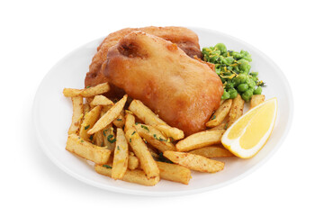 Tasty fish, chips, peas and lemon isolated on white
