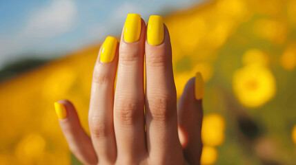 Mão de uma mulher com as unhas pintadas de amarelo